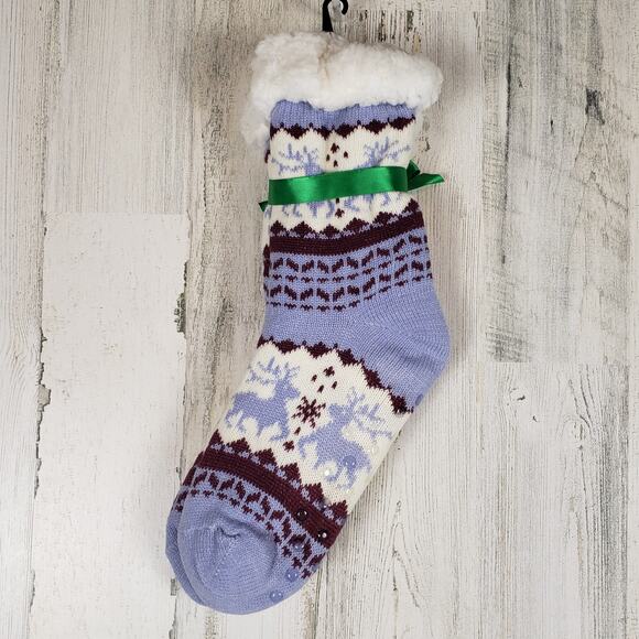 NWT Mari Clare Sherpa Lined Knit Winter Reindeer Design No-Slip Slipper Socks - Picture 6 of 6